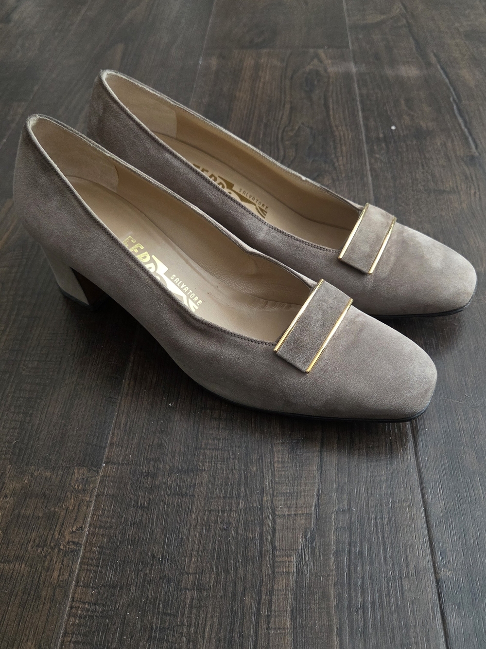 Salvatore Ferragamo Taupe Suede Mid Heel Pumps Size 7.5B US
